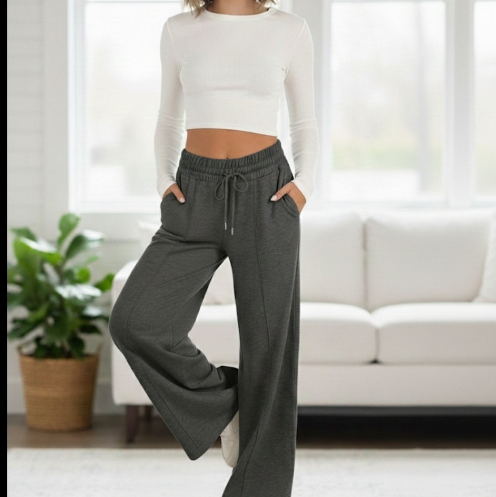 Women's Gray Wide-Leg Drawstring Pants - Picture 5 of 8